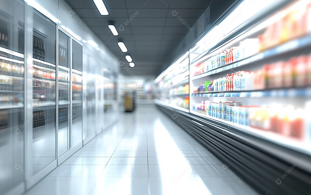 Prateleiras de compras desfocadas em supermercados