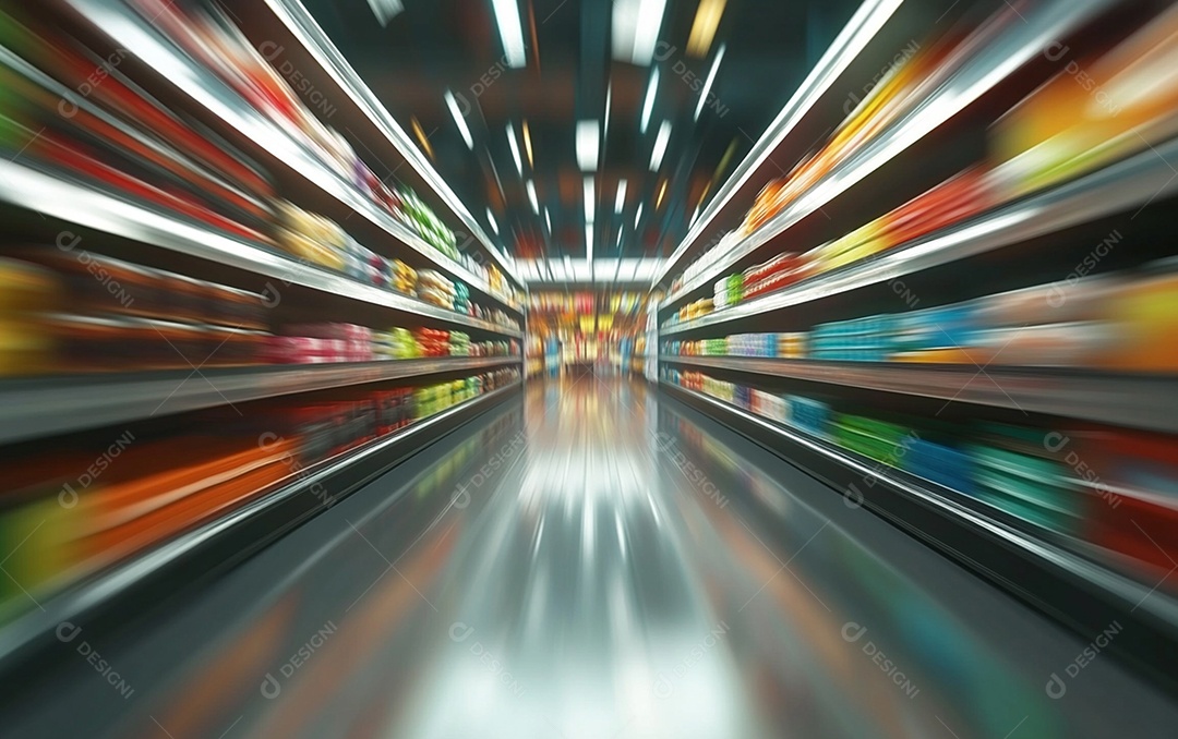 Prateleiras de compras desfocadas em supermercados