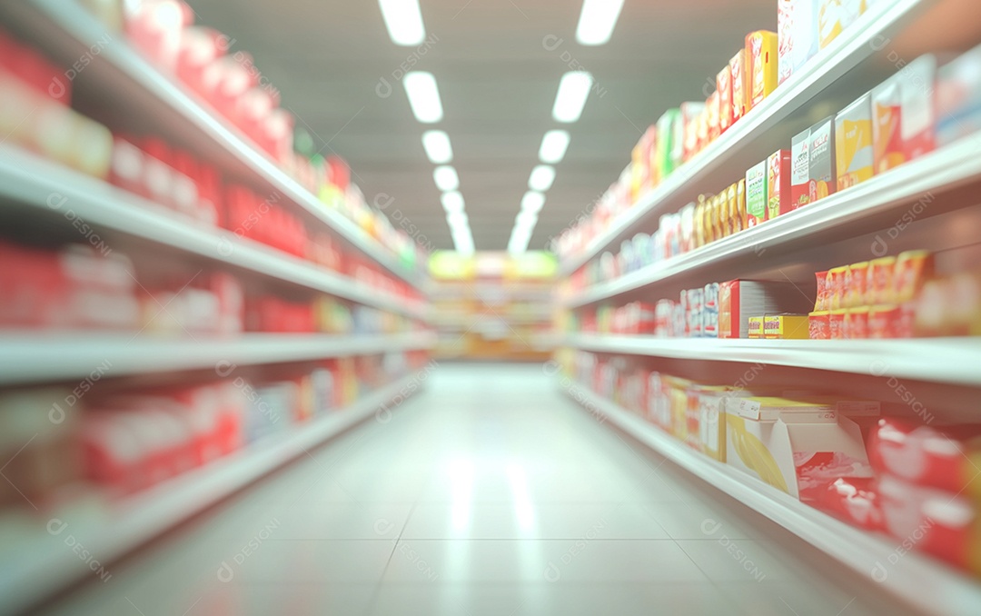 Prateleiras de compras desfocadas em supermercados