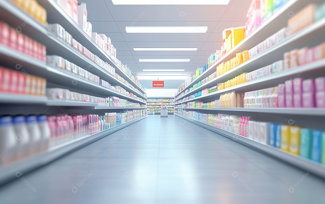 Prateleiras de compras desfocadas em supermercados