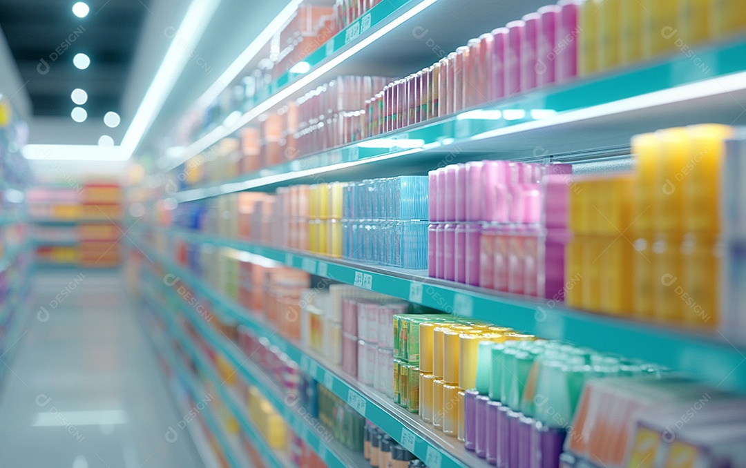 Prateleiras de compras desfocadas em supermercados