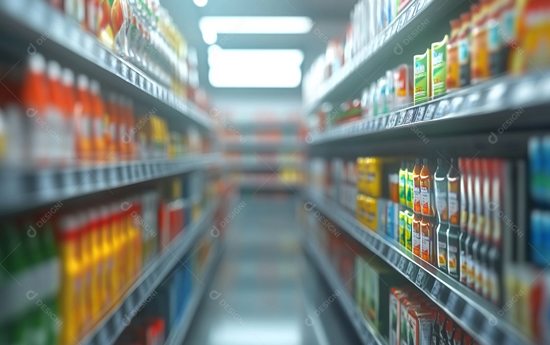 Prateleiras de compras desfocadas em supermercados