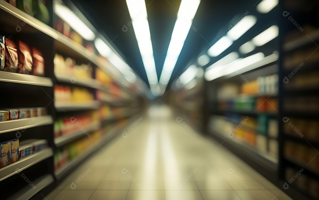 Prateleiras de compras desfocadas em supermercados