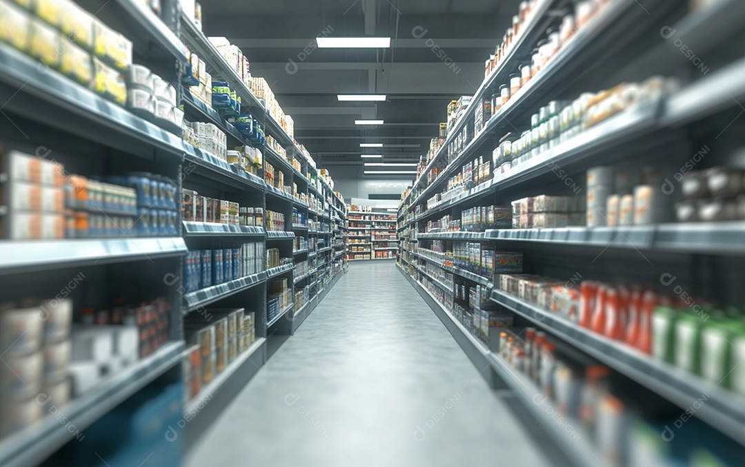 Prateleiras de compras desfocadas em supermercados