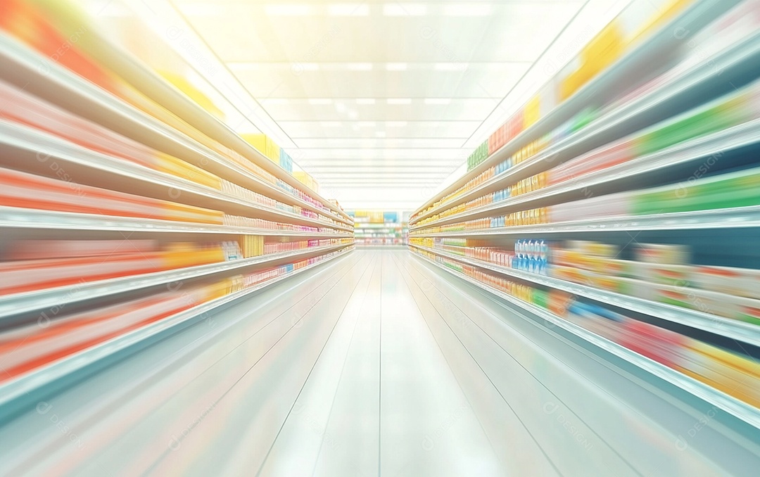 Prateleiras de compras desfocadas em supermercados