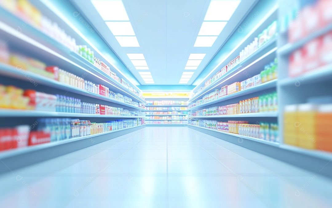 Prateleiras de compras desfocadas em supermercados