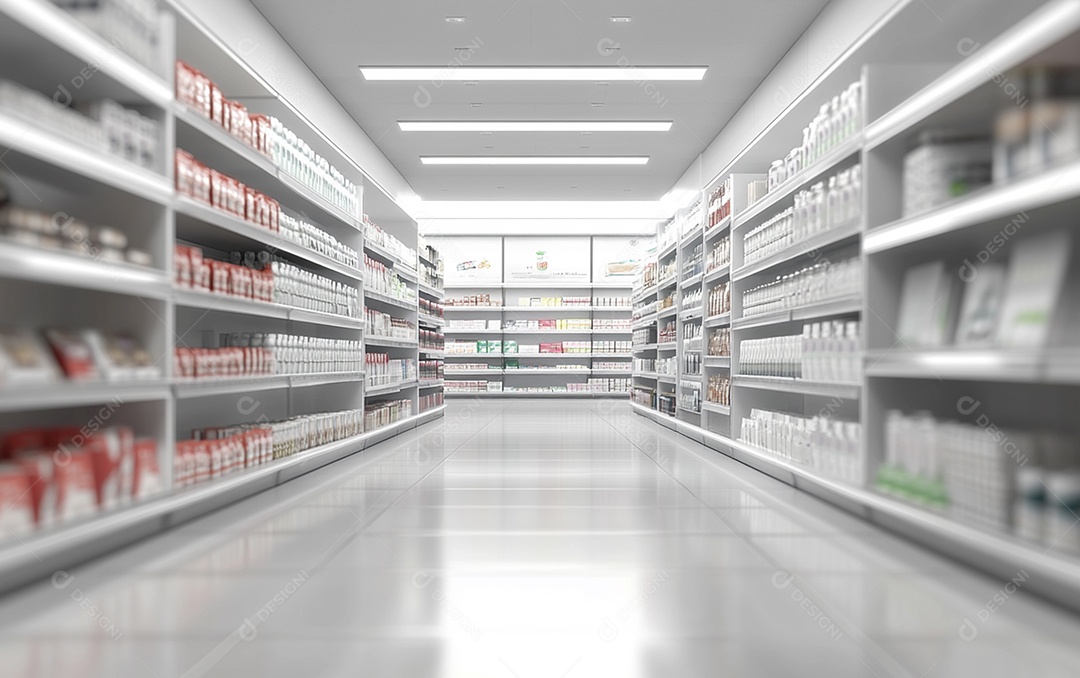 Prateleiras de compras desfocadas em supermercados