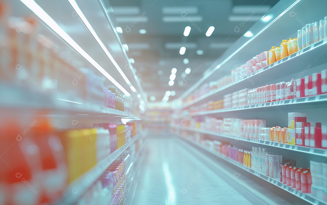 Prateleiras de compras desfocadas em supermercados