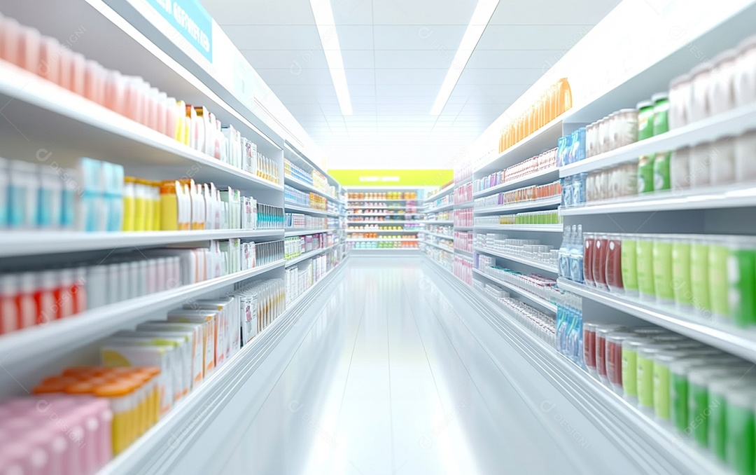 Prateleiras de compras desfocadas em supermercados