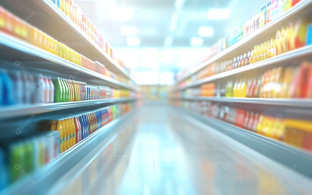 Prateleiras de compras desfocadas em supermercados