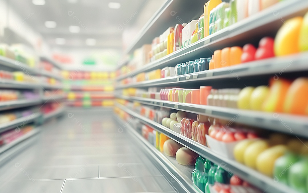 Prateleiras de compras desfocadas em supermercados