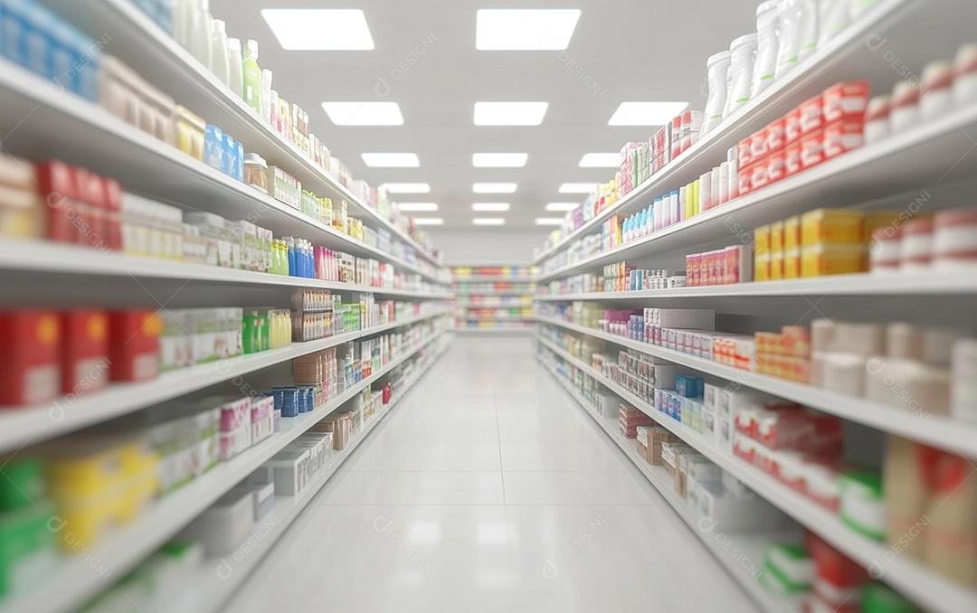 Prateleiras de compras desfocadas em supermercados