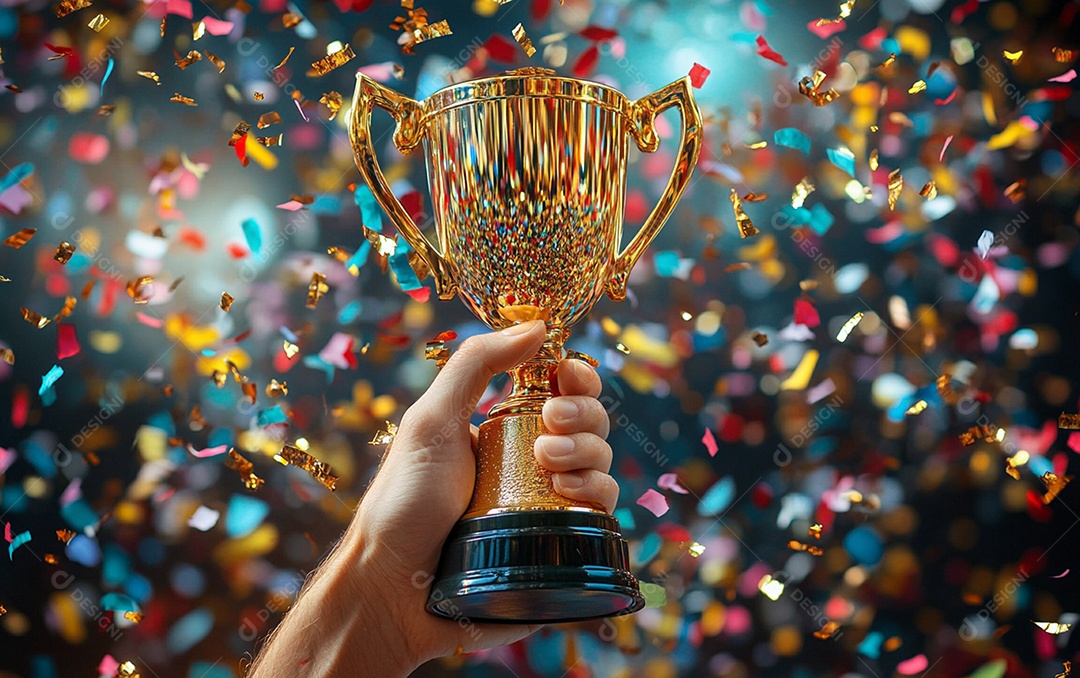 Mão segurando a taça de troféu de ouro com confete