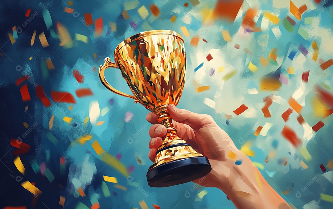Mão segurando a taça de troféu de ouro com confete