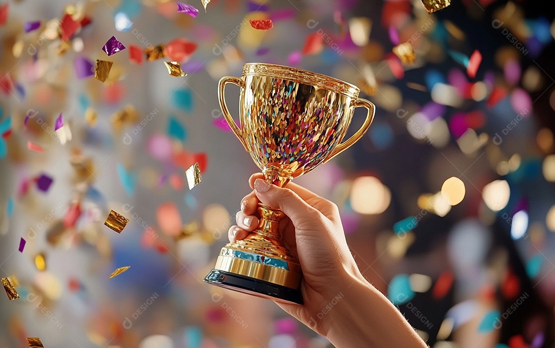 Mão segurando a taça de troféu de ouro com confete