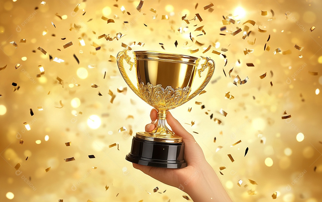Mão segurando a taça de troféu de ouro com confete