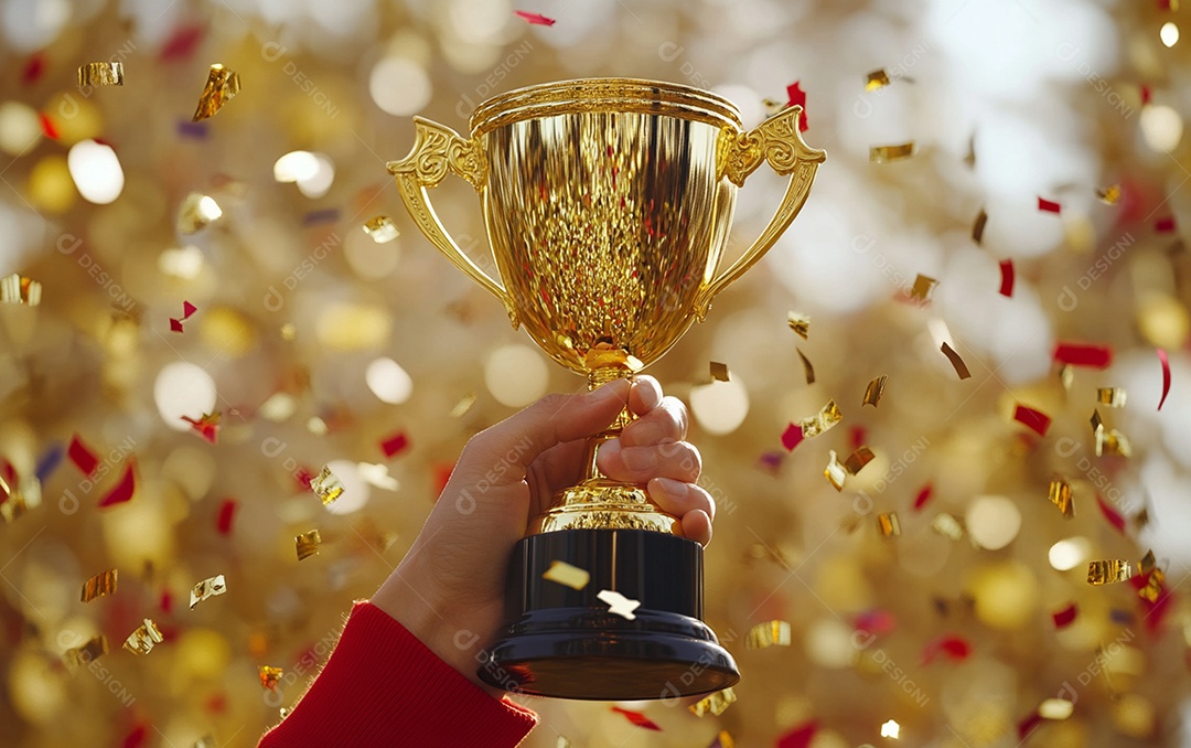 Mão segurando a taça de troféu de ouro com confete