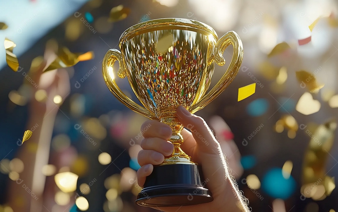 Mão segurando a taça de troféu de ouro com confete