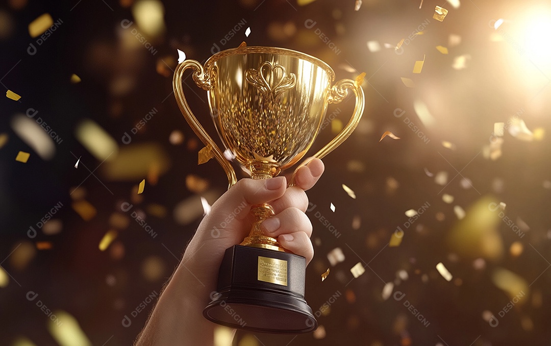 Mão segurando a taça de troféu de ouro com confete