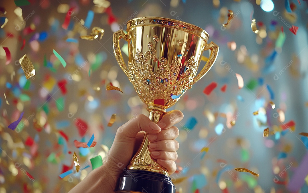 Mão segurando a taça de troféu de ouro com confete