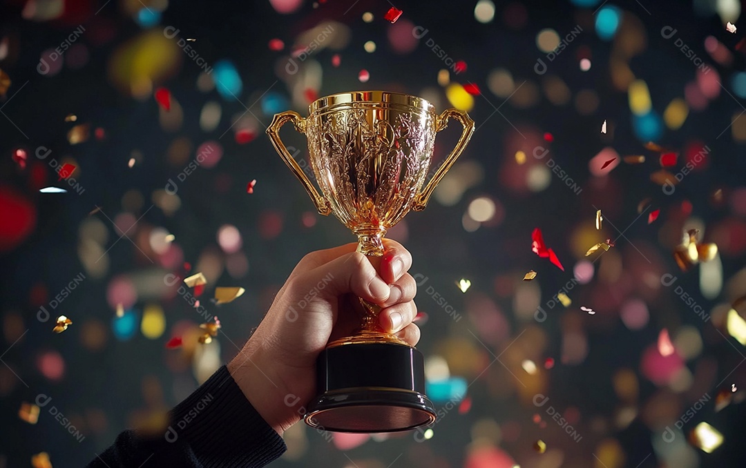 Mão segurando a taça de troféu de ouro com confete