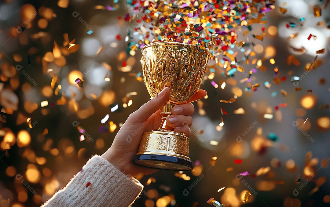 Mão segurando a taça de troféu de ouro com confete