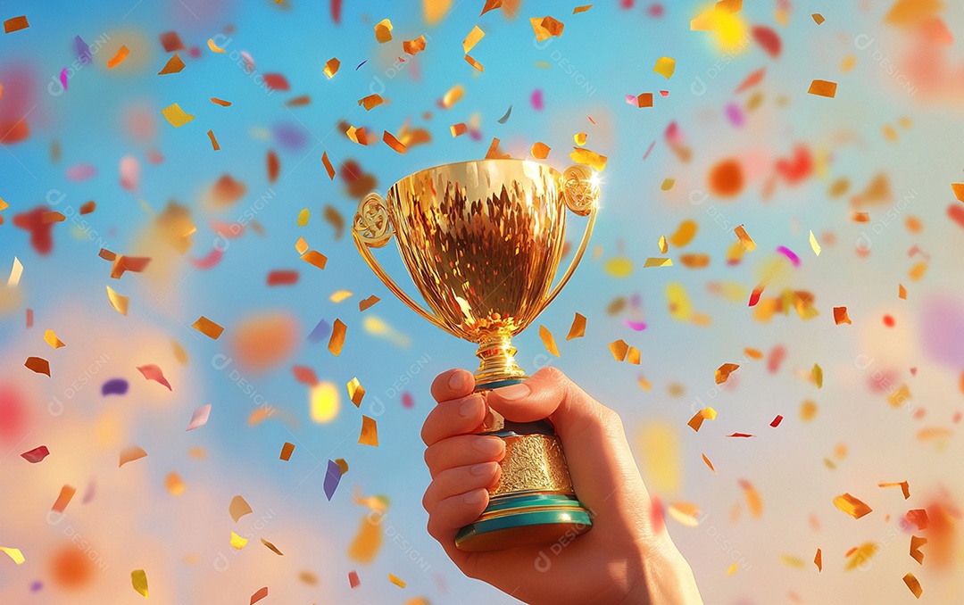 Mão segurando a taça de troféu de ouro com confete