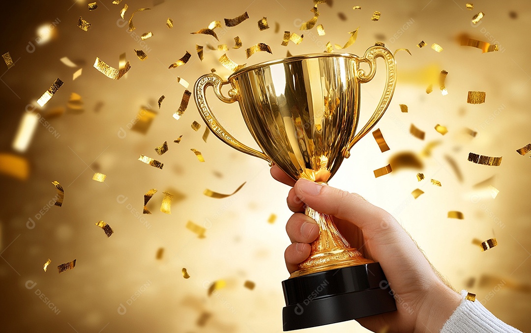 Mão segurando a taça de troféu de ouro com confete