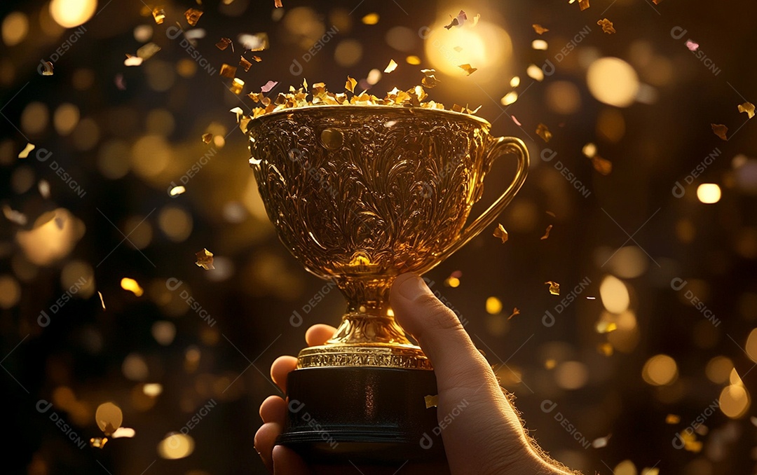 Mão segurando a taça de troféu de ouro com confete