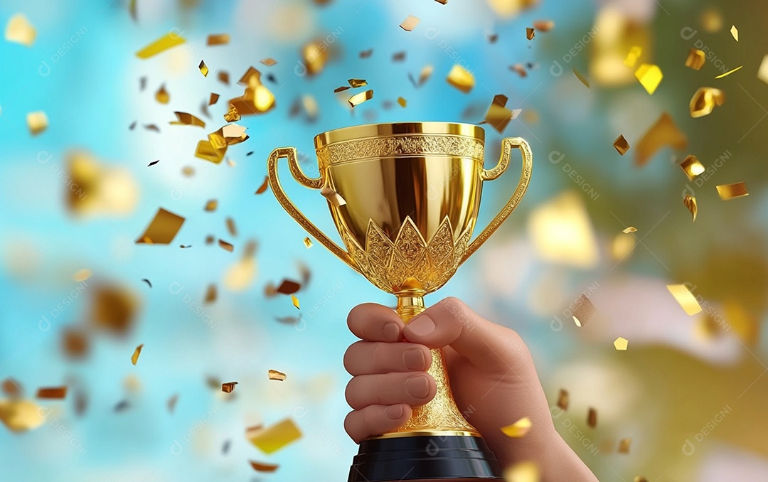 Mão segurando a taça de troféu de ouro com confete