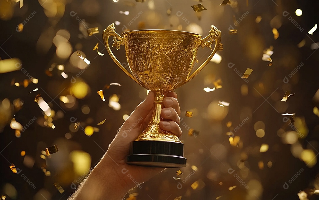 Mão segurando a taça de troféu de ouro com confete