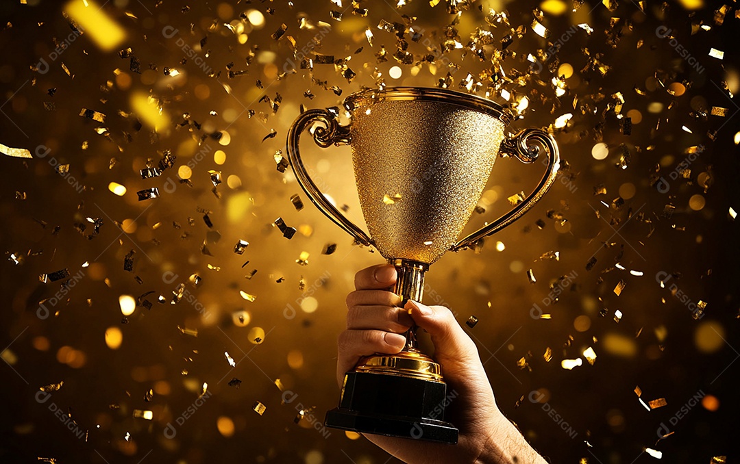 Mão segurando a taça de troféu de ouro com confete