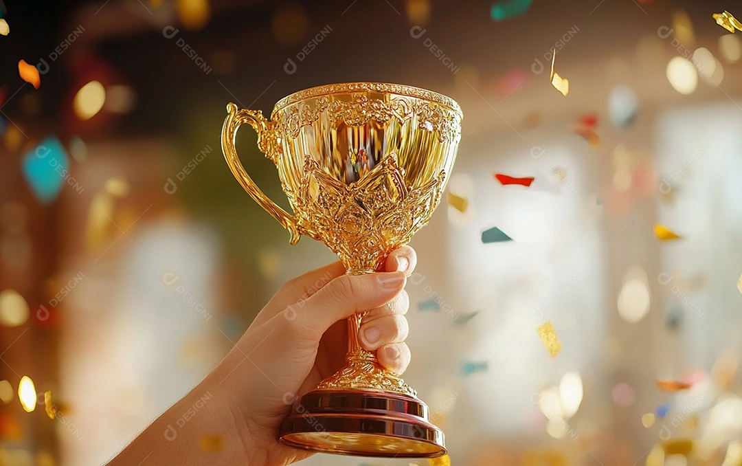 Mão segurando a taça de troféu de ouro com confete