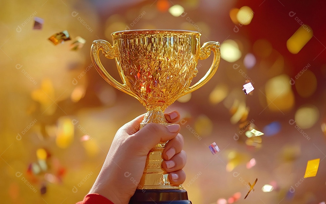 Mão segurando a taça de troféu de ouro com confete