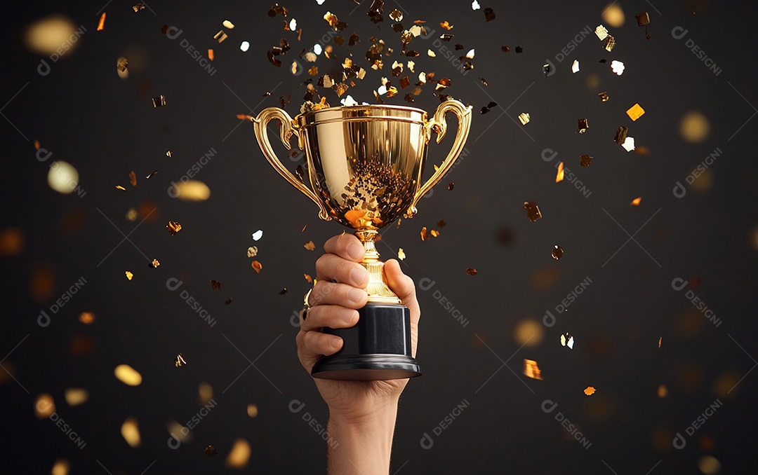 Mão segurando a taça de troféu de ouro com confete