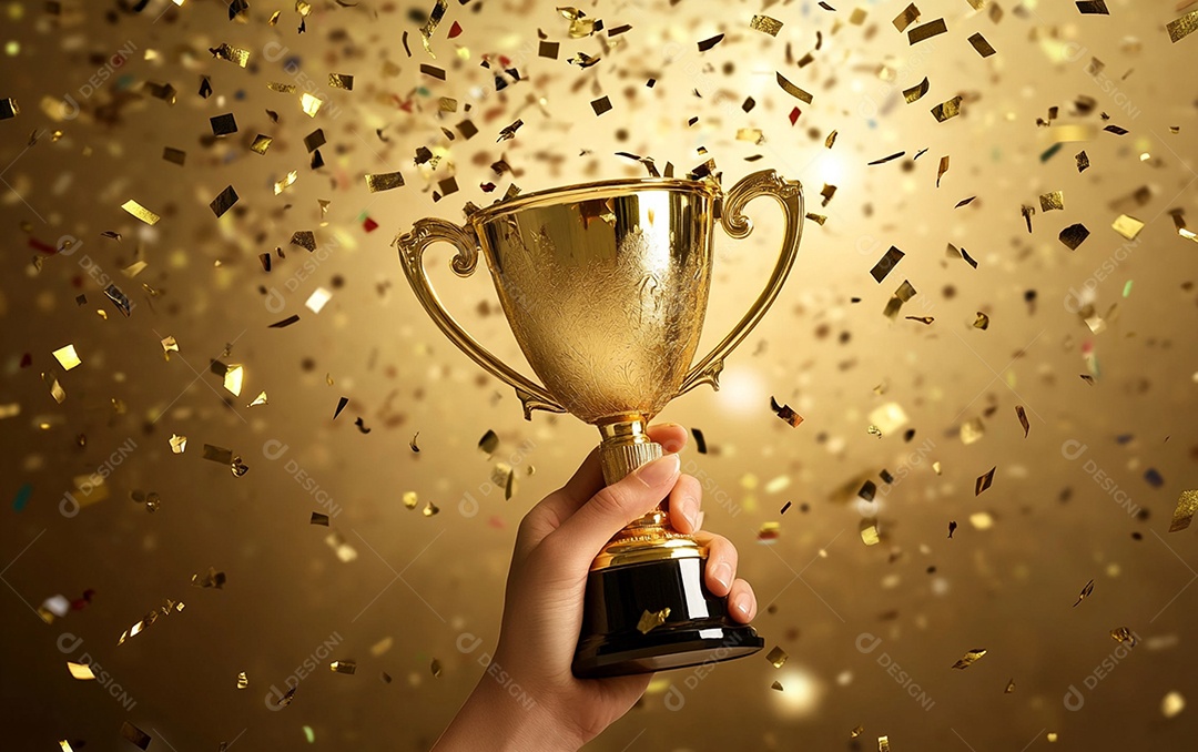 Mão segurando a taça de troféu de ouro com confete