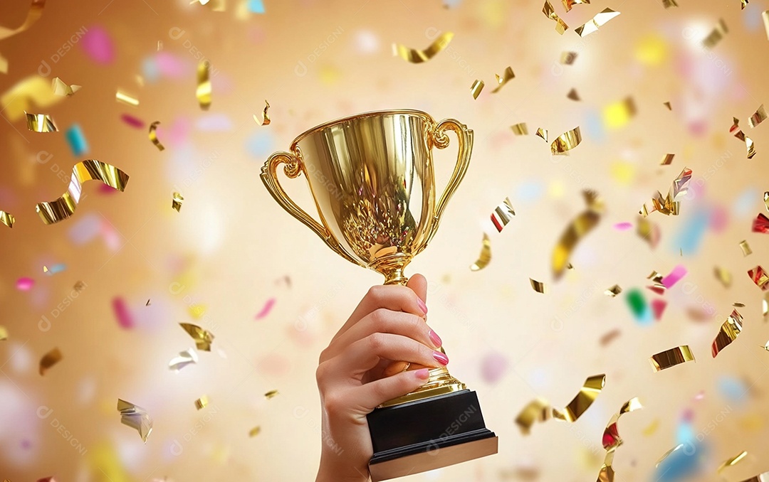 Mão segurando a taça de troféu de ouro com confete