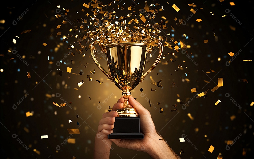 Mão segurando a taça de troféu de ouro com confete