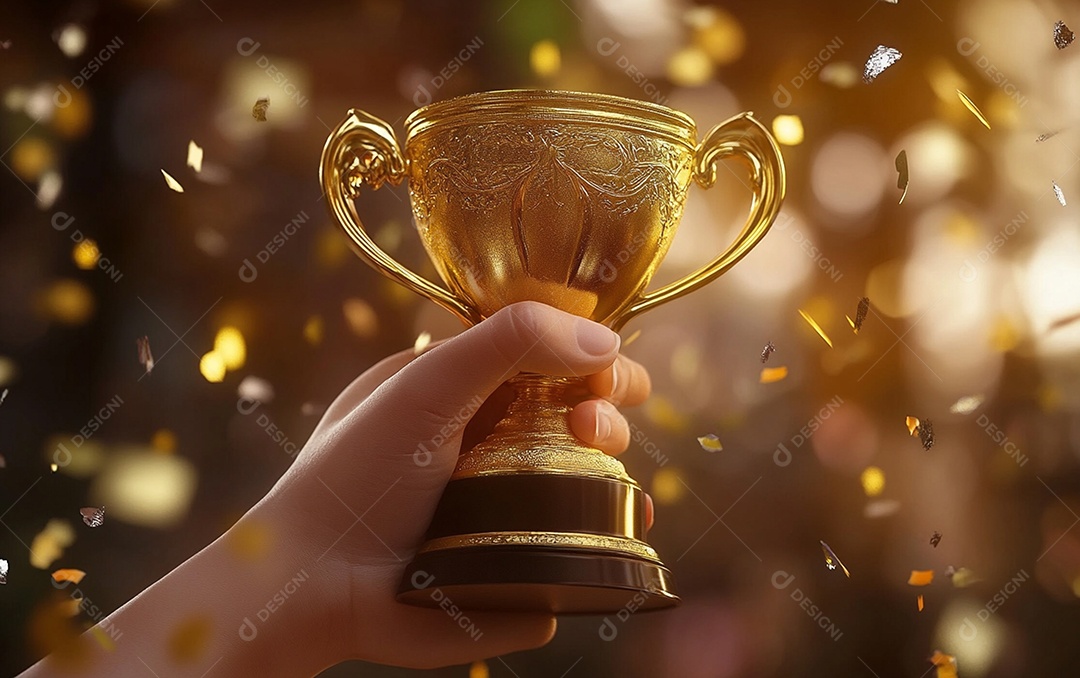Mão segurando a taça de troféu de ouro com confete