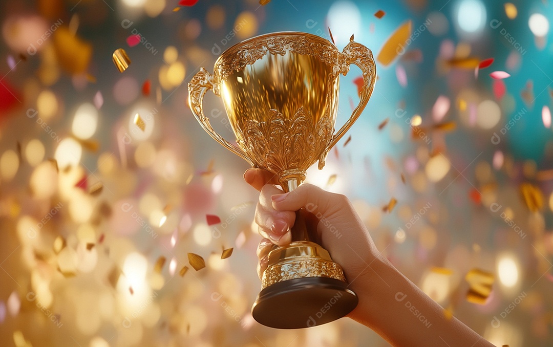 Mão segurando a taça de troféu de ouro com confete