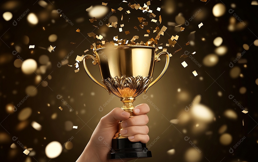 Mão segurando a taça de troféu de ouro com confete