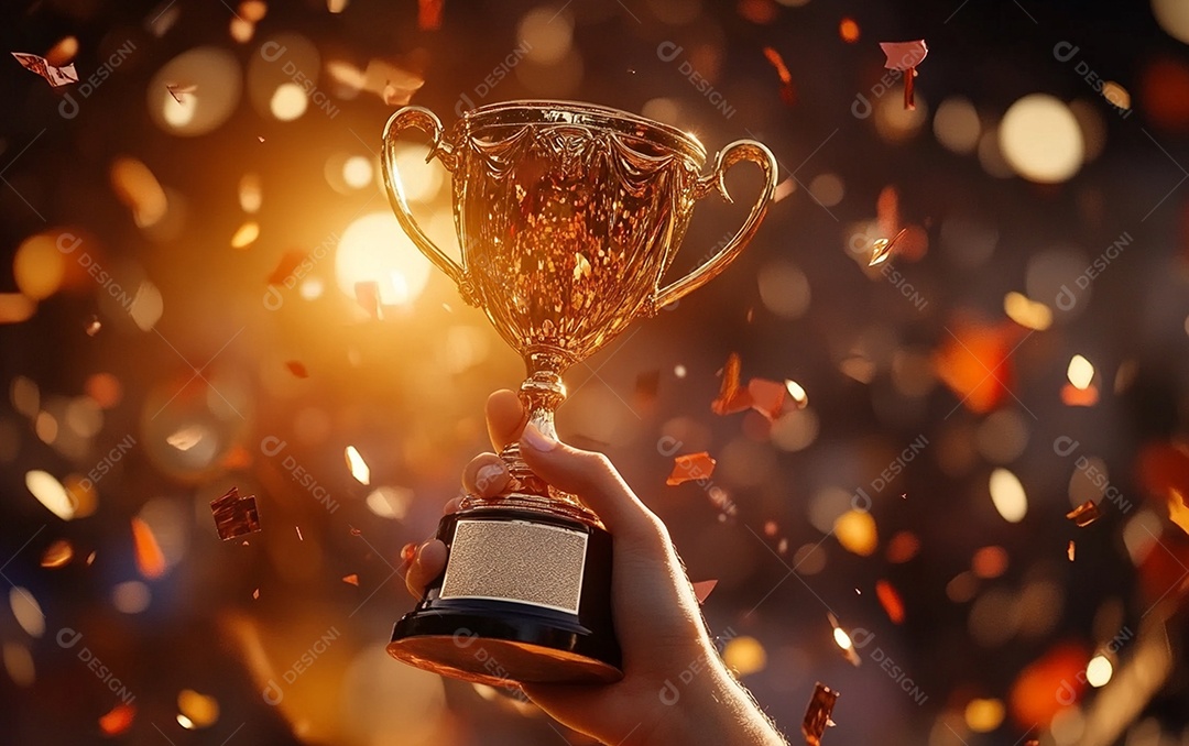 Mão segurando a taça de troféu de ouro com confete