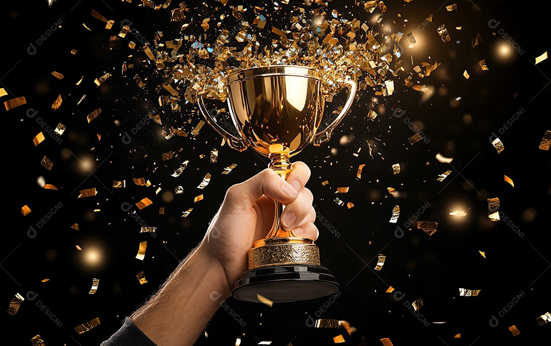 Mão segurando a taça de troféu de ouro com confete