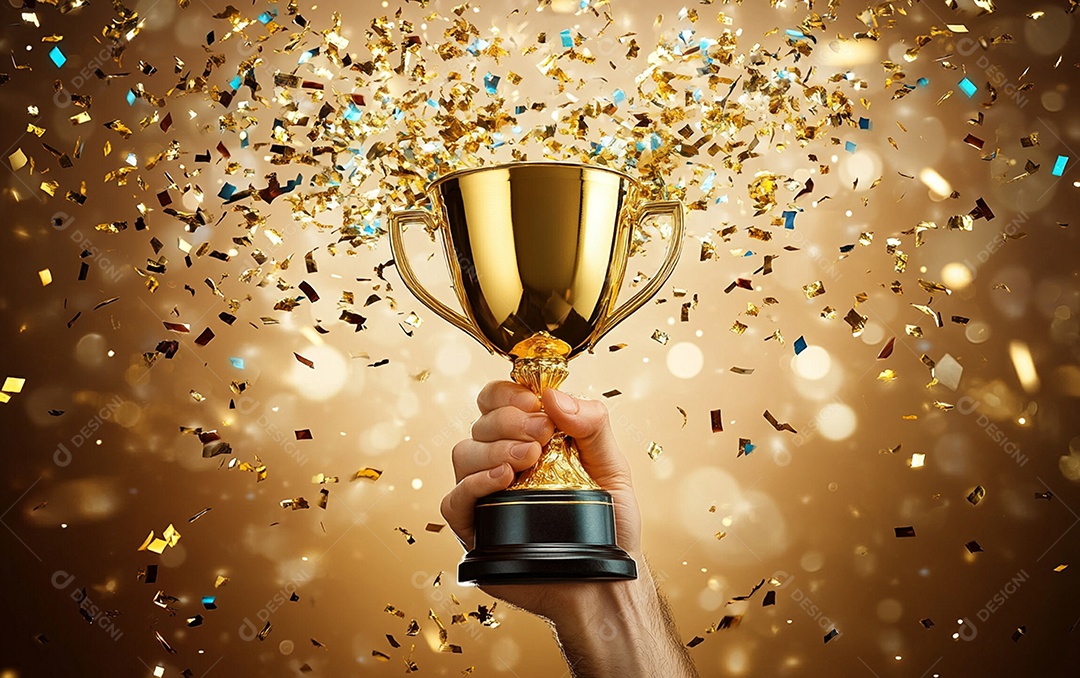 Mão segurando a taça de troféu de ouro com confete