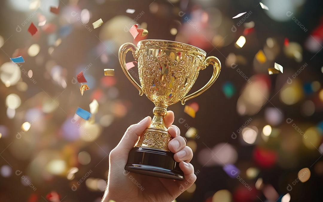 Mão segurando a taça de troféu de ouro com confete