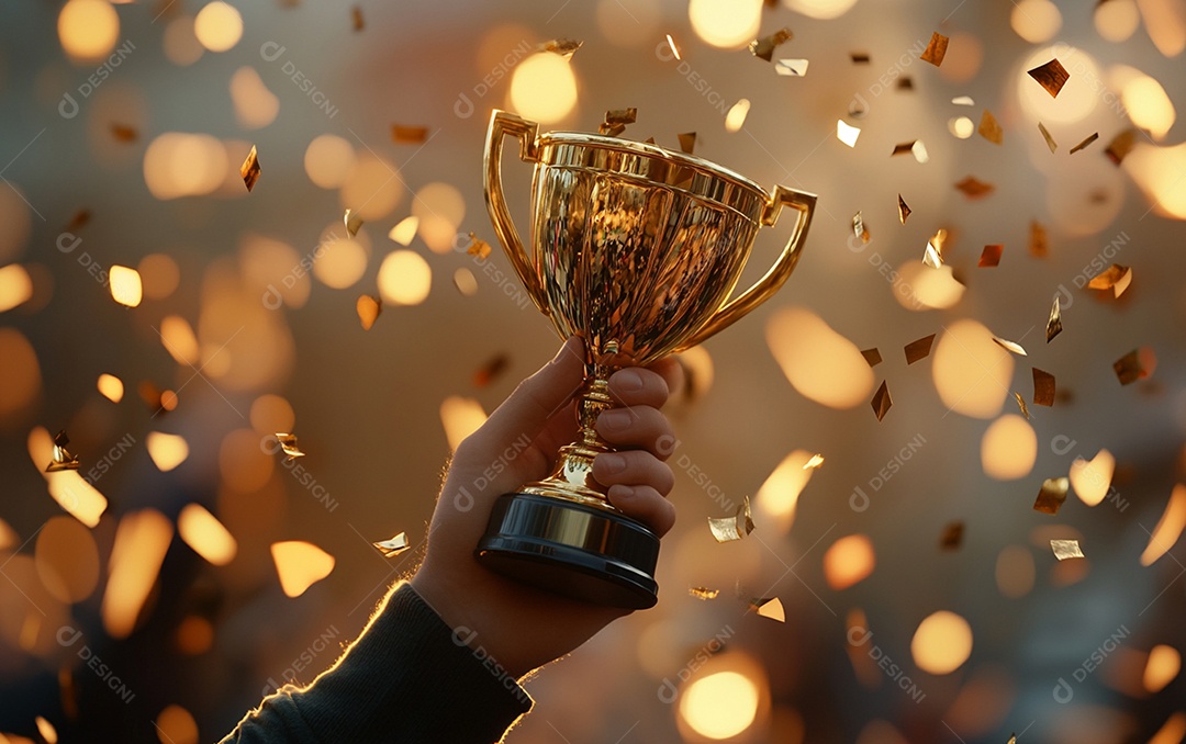 Mão segurando a taça de troféu de ouro com confete