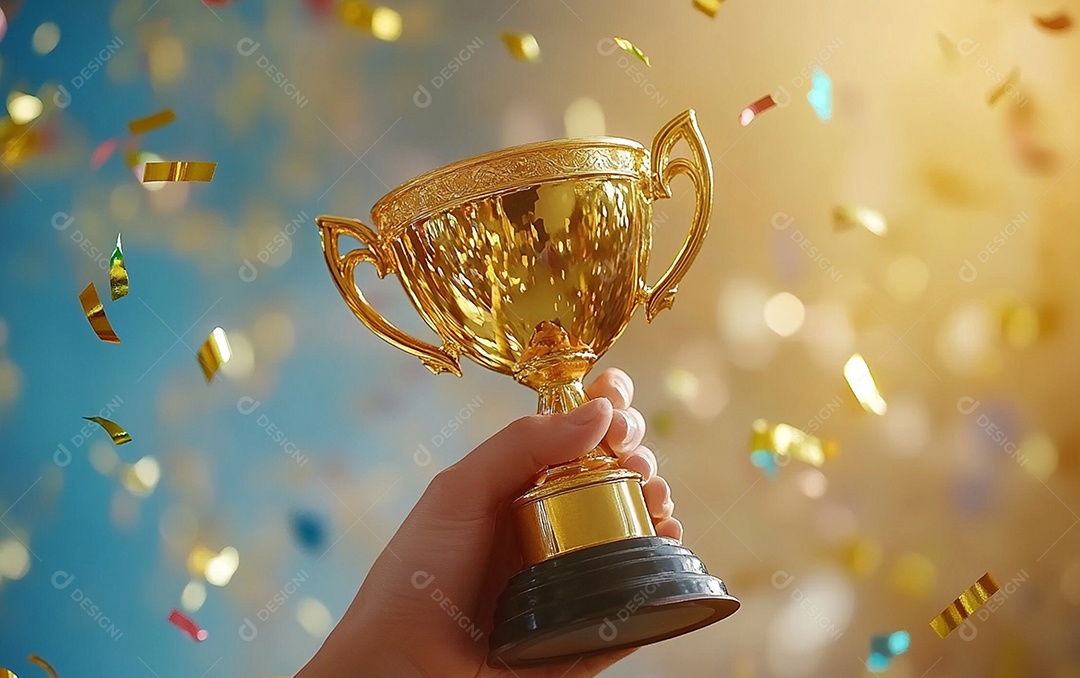 Mão segurando a taça de troféu de ouro com confete
