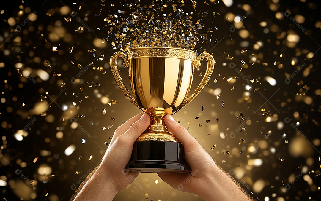 Mão segurando a taça de troféu de ouro com confete