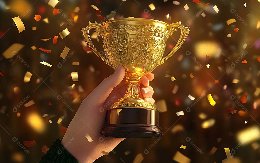 Mão segurando a taça de troféu de ouro com confete
