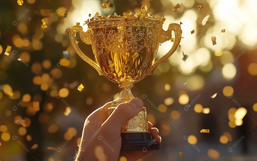 Mão segurando a taça de troféu de ouro com confete